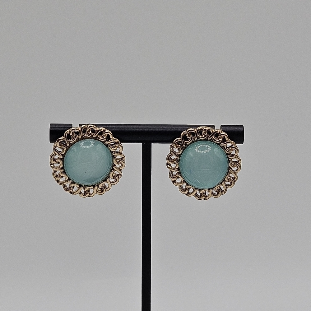 large blue cats eye earrings with textured gold tone border